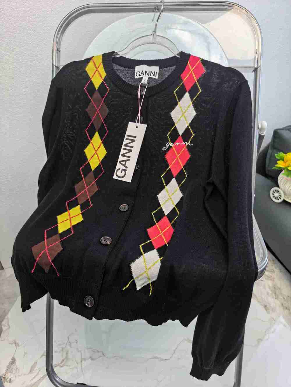 GANNI Black Colorful Argyle Long Sleeve Cropped Knit Cardigan - Picture 3 of 5